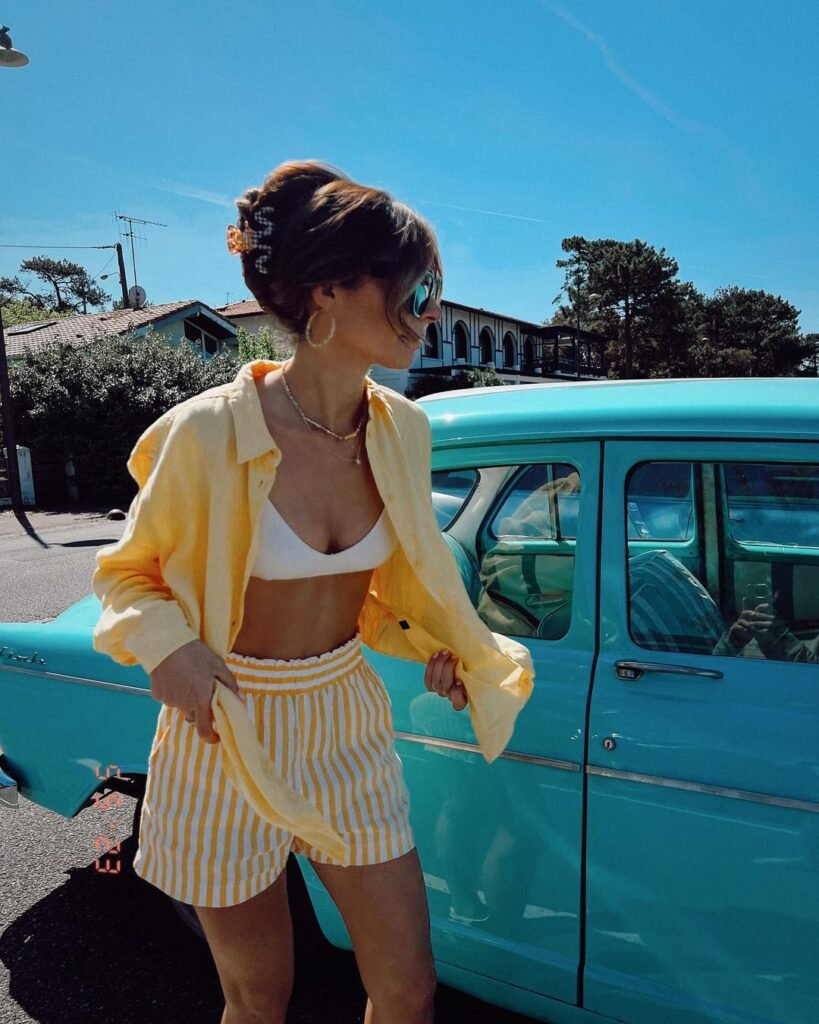 Bikini and Linen Shirt Striped Shorts