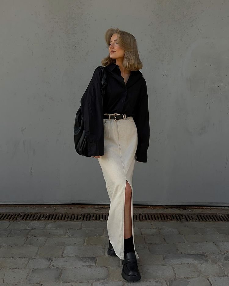 Black Button Down Shirt and White Skirt