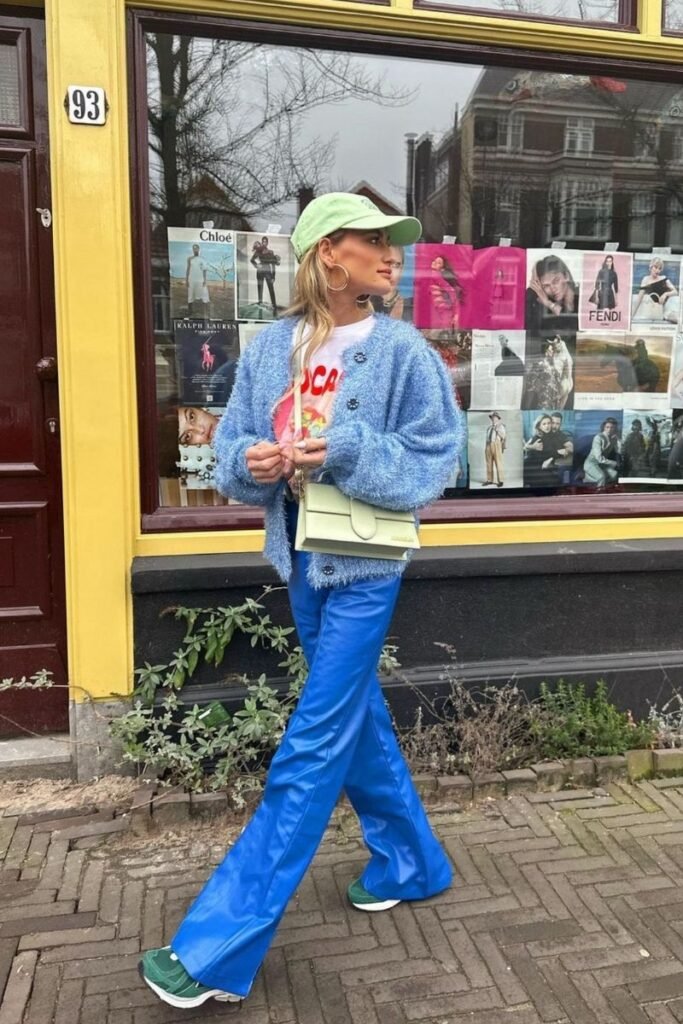 Blue flared pants with a cozy blue cardigan
