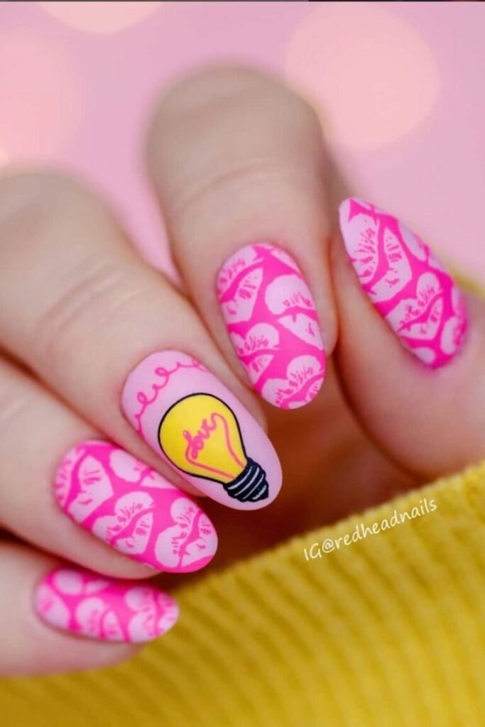 Bright lightbulb motif Pink Nails