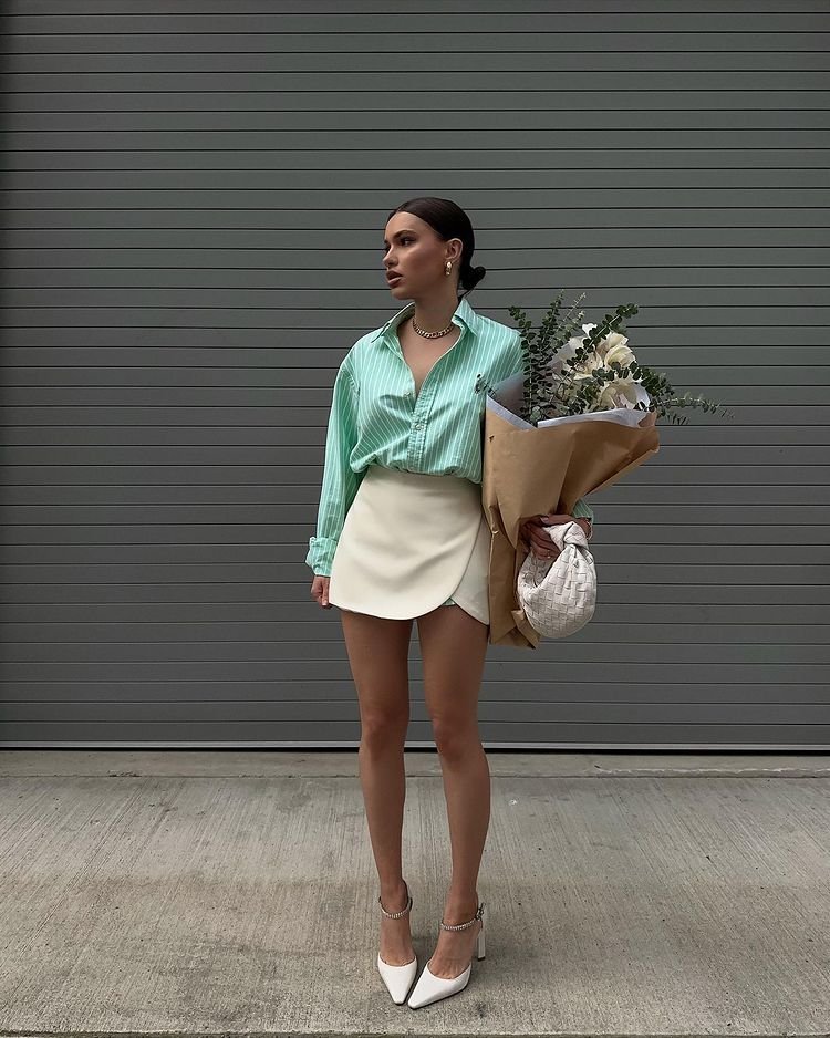 Button Down Cotton Shirt and white skirt