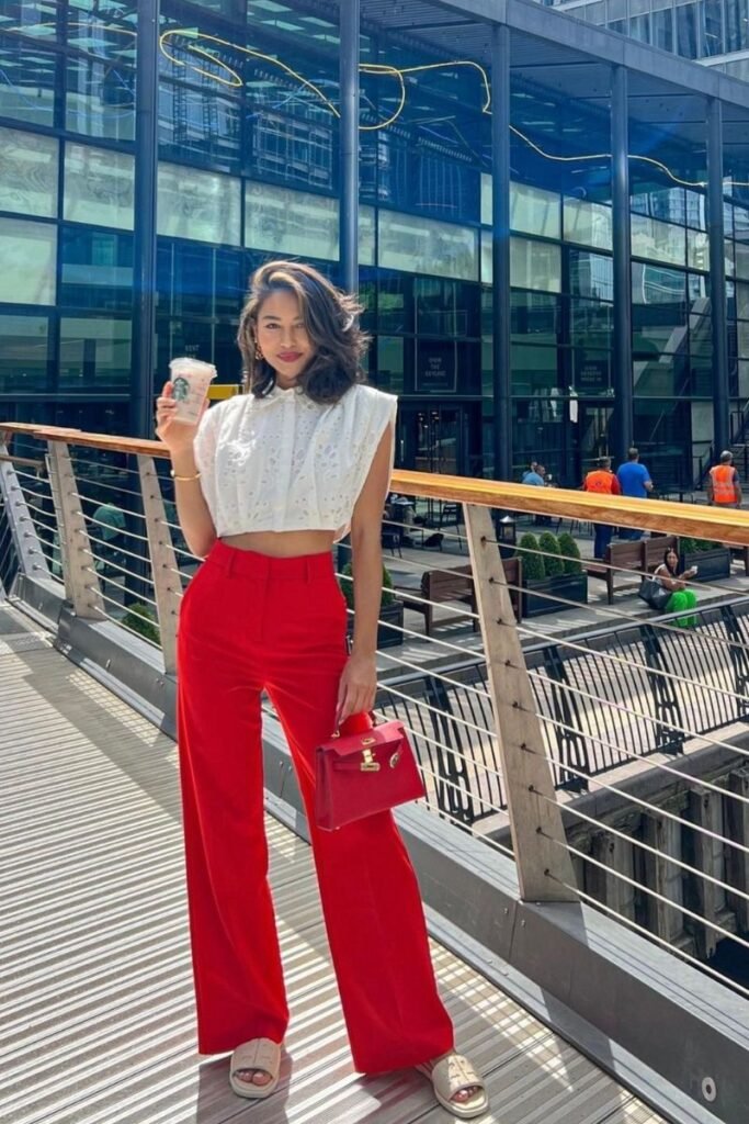 Chic White Crop Top and Red Pants Perfect for Brunch