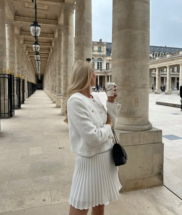 Chic white sweater and matching skirt