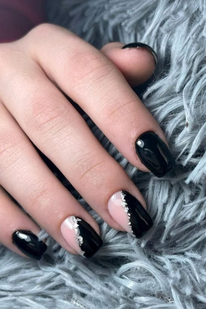 Diagonal Silver and Black French Nail Tips