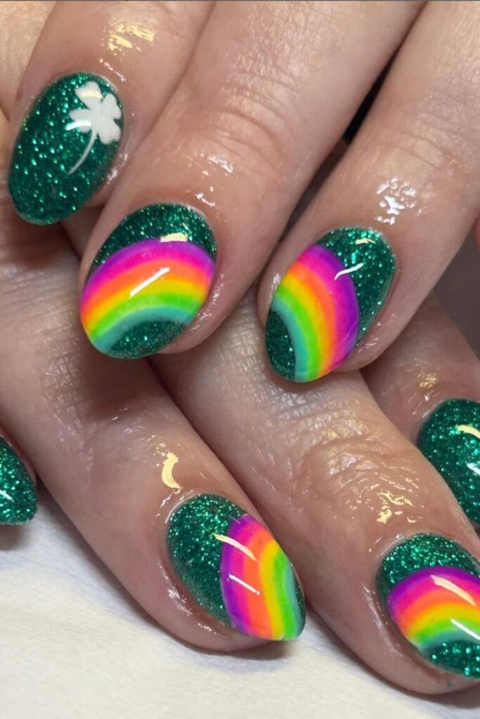 Glittery Emerald Rainbow Nails