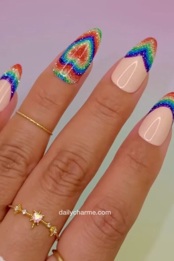 Glittery Rainbow Heart Nails