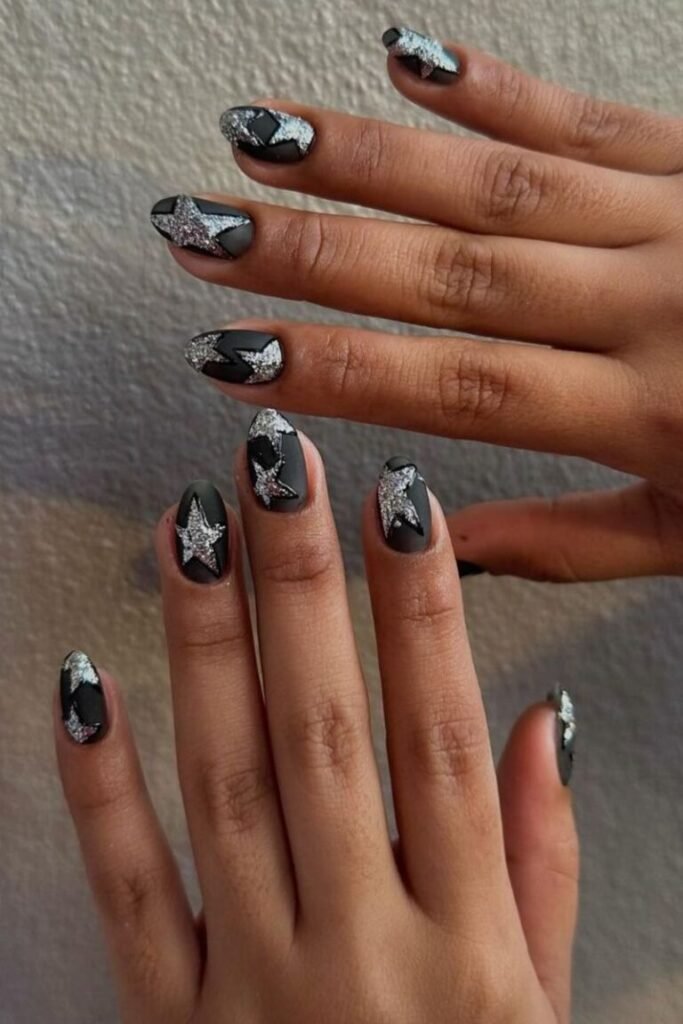 Glittery Star Night Black Nails