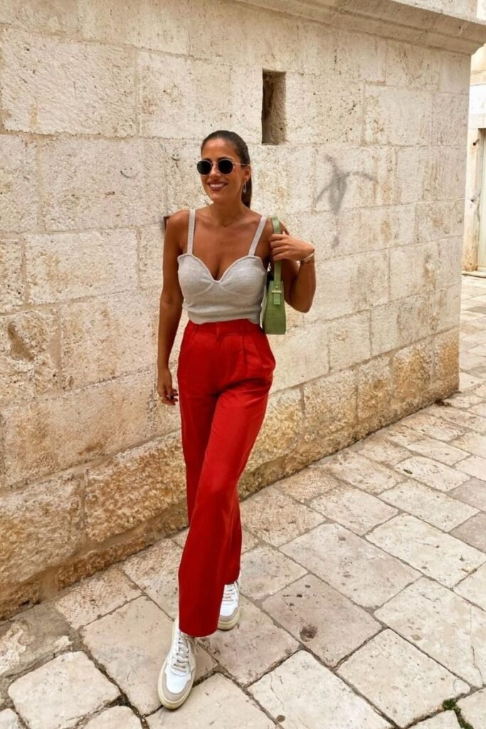 Grey Crop Top and Red Pants