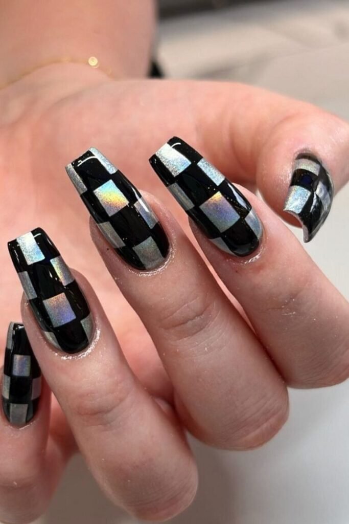 Holographic Checkerboard Black Nails