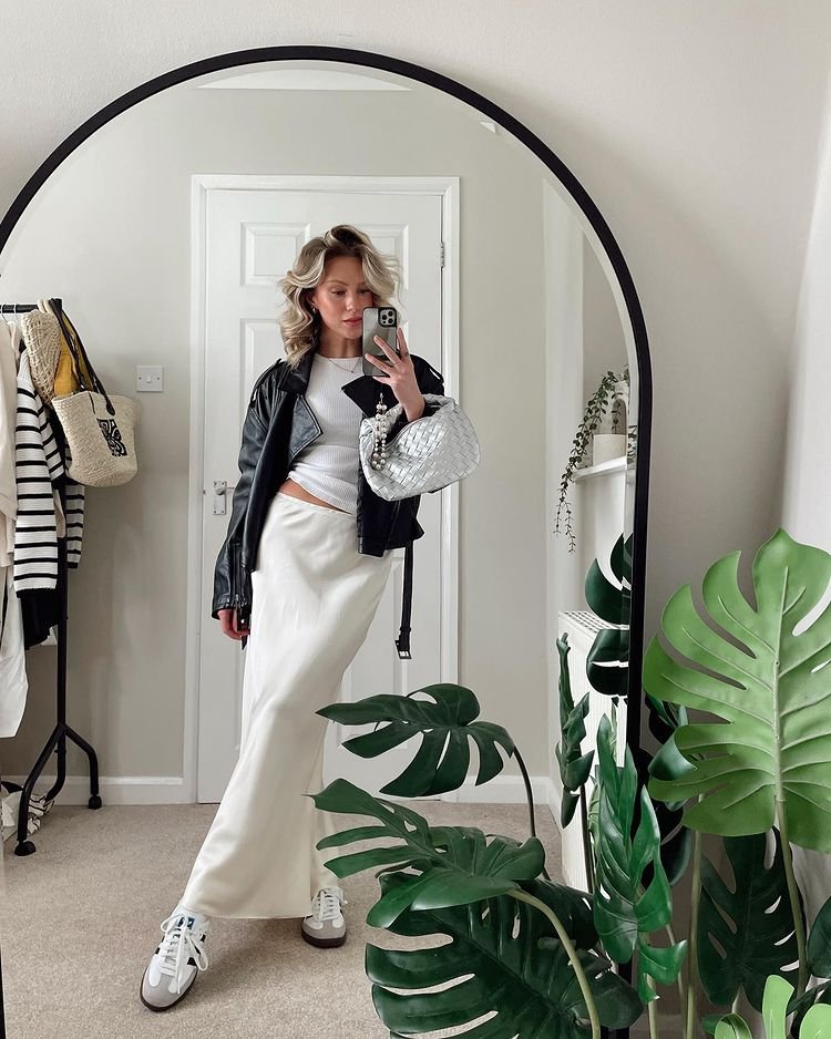 Leather Jacket and White Skirt