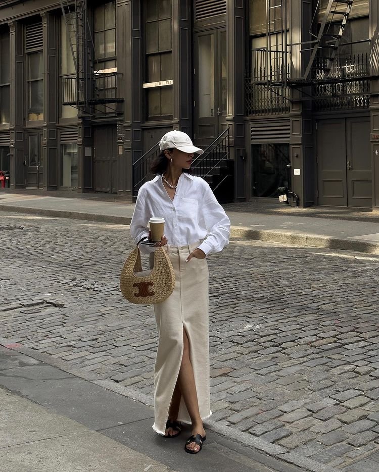 Linen Shirt and White Skirt