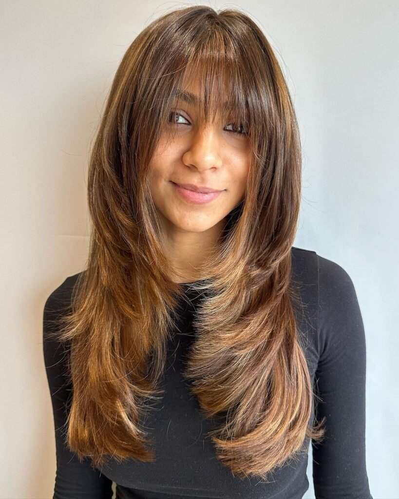 Long Layers With Caramel Highlights And Wispy Bangs