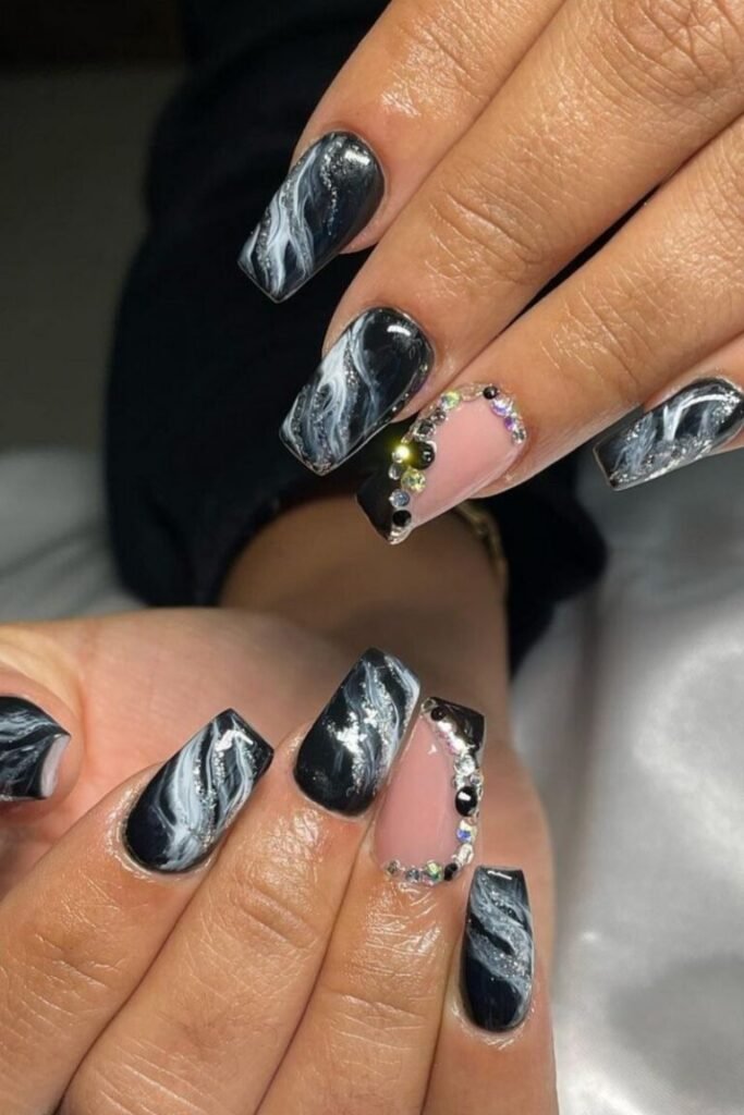 Marble and Rhinestone Accent Nails