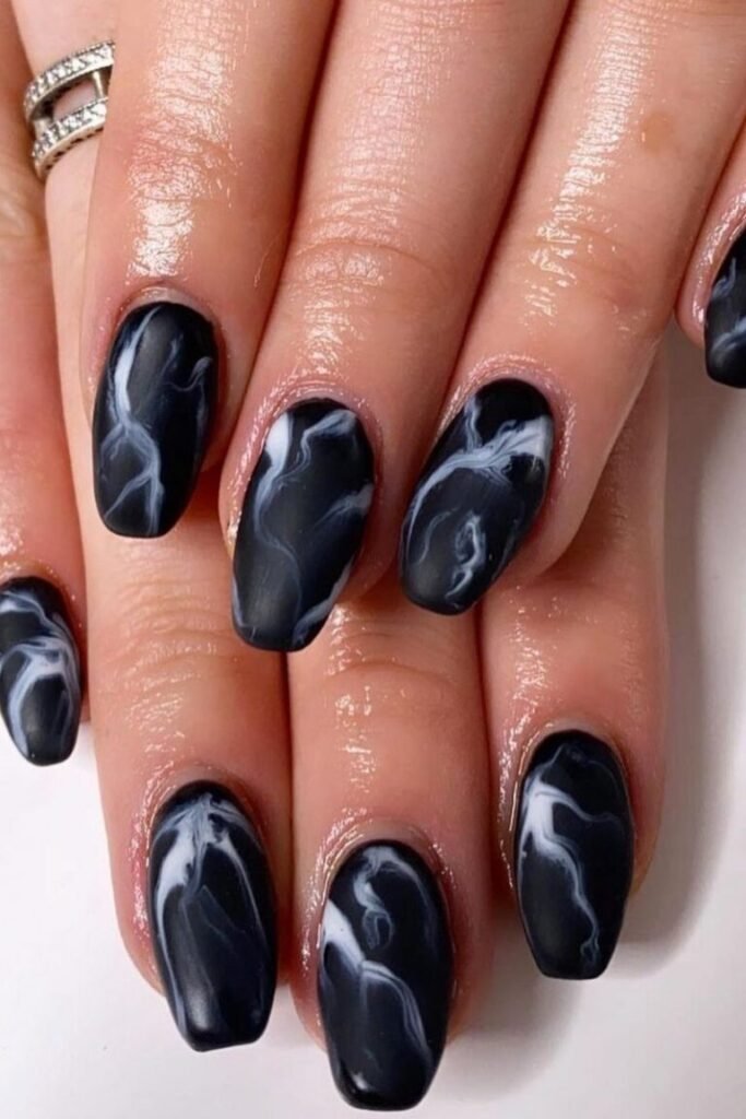 Matte Black Marble Nails