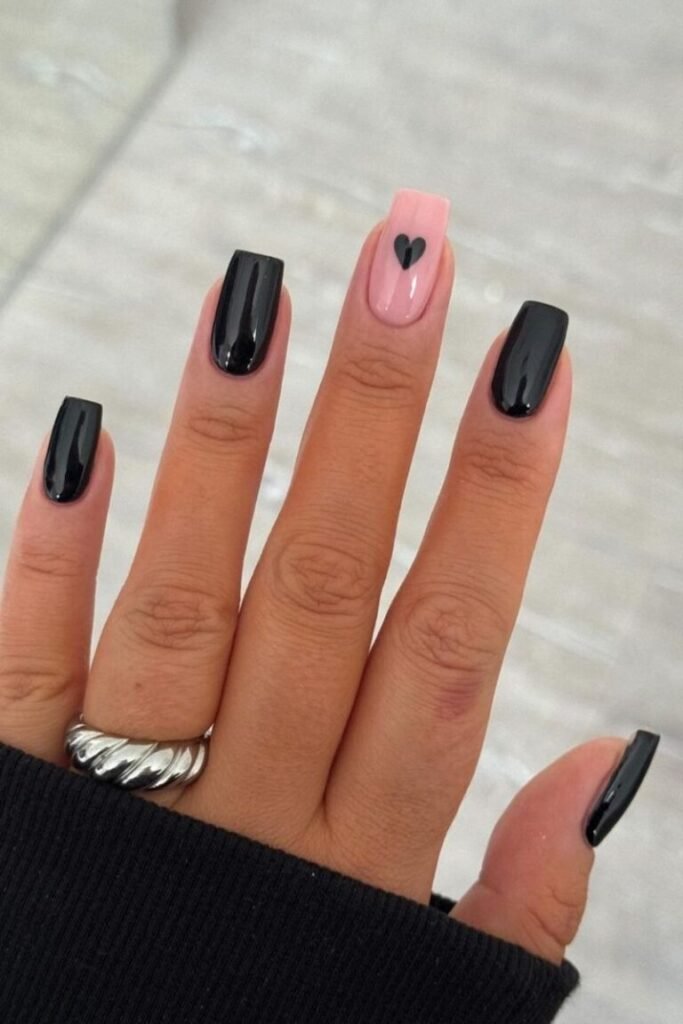 Minimalist Black and Pink Heart Nails