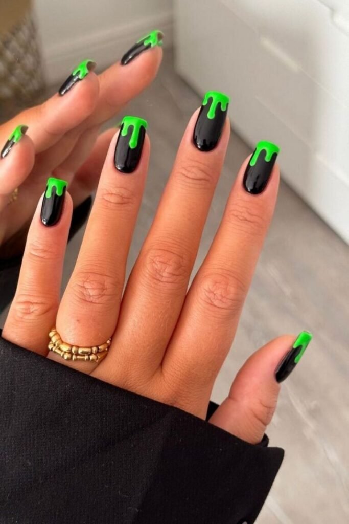 Neon Green Drip Black Nails