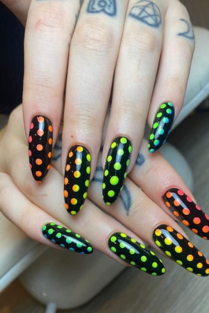 Neon Polka Dot Black Nails