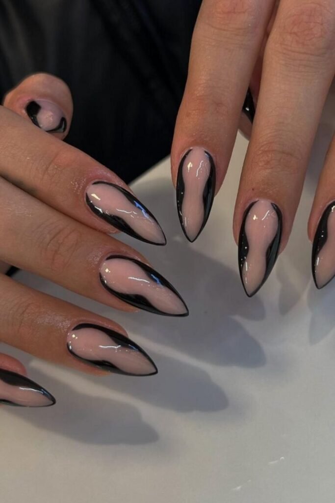 Nude and Black Abstract Nail Design