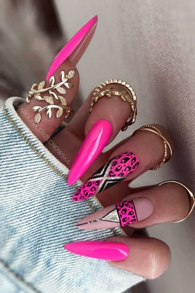 Pink Leopard Glam Nails