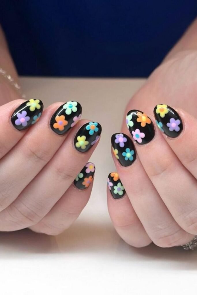 Playful Pastel Flower Black Nails