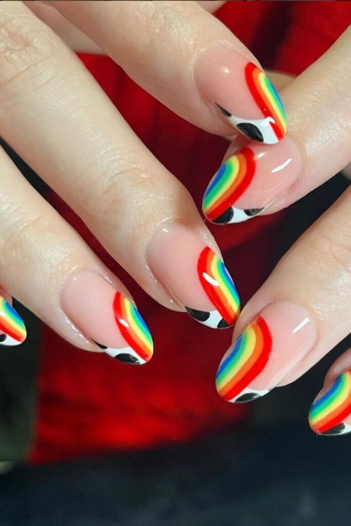 Rainbow French Nail Tips with Black Accents