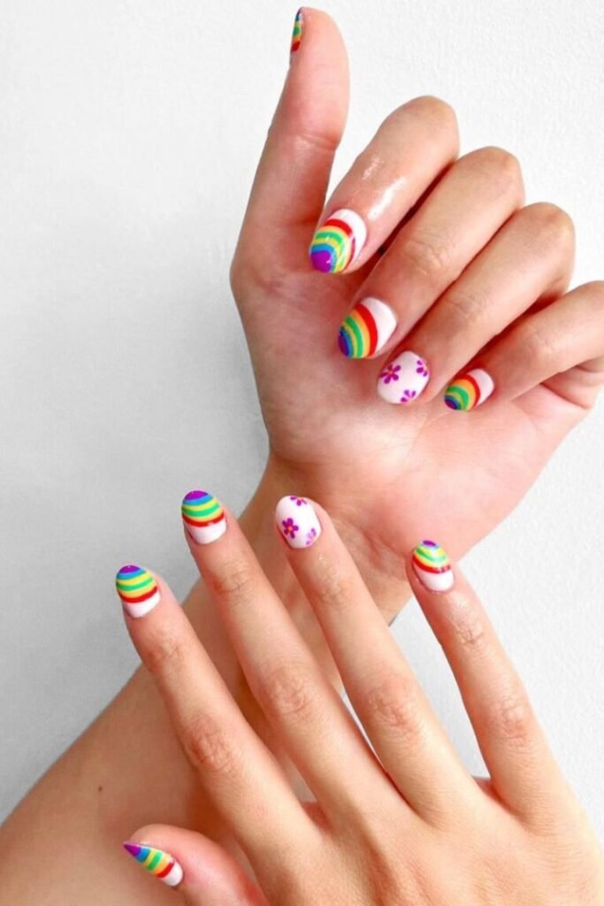 Rainbow Stripes with Floral Nail Accents