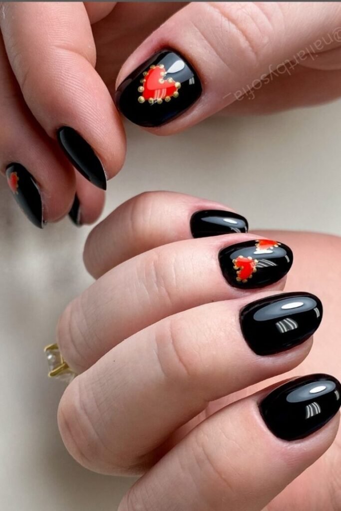 Sacred Heart Accent Glossy Black Nails