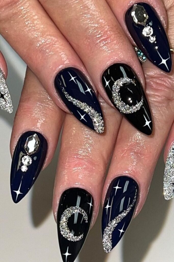 Sparkling Celestial Black Nails
