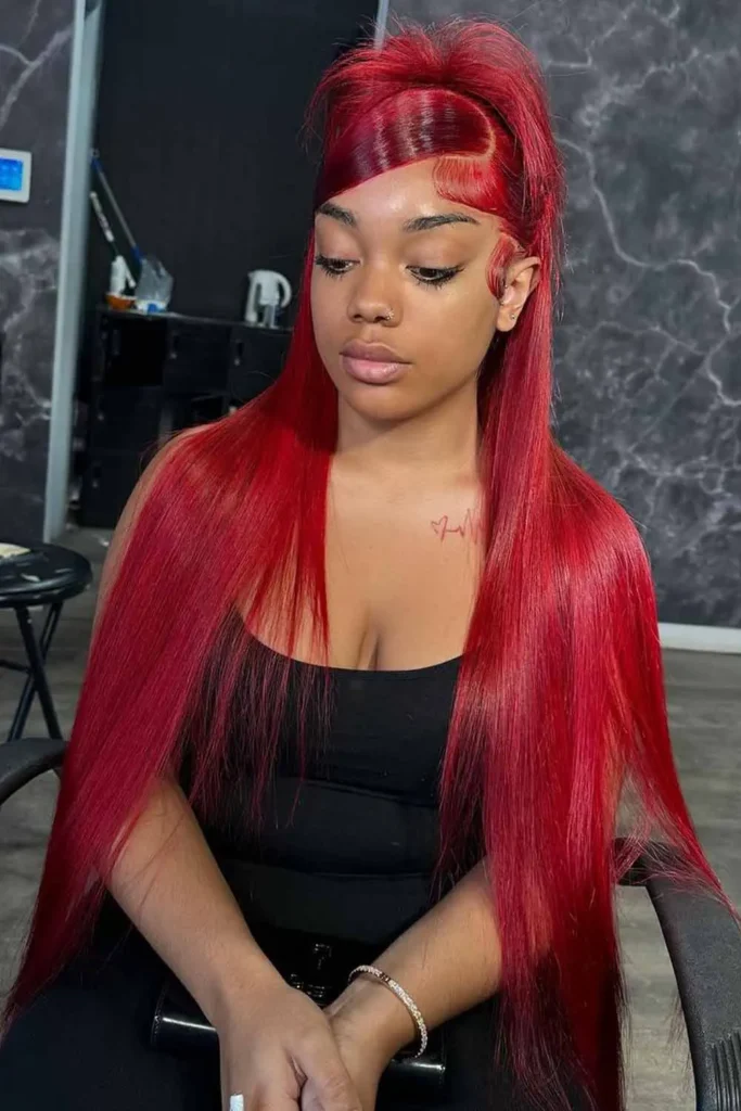Straight and Simple Red Weave With Half Up Style