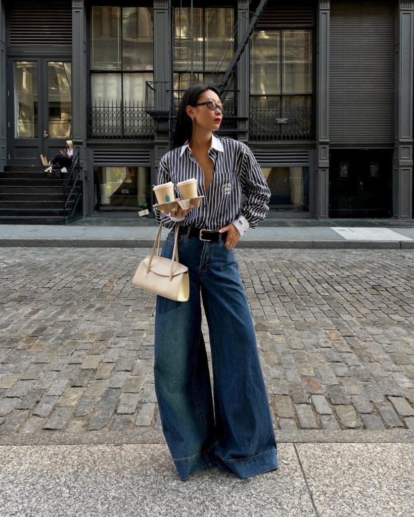 Striped Button Down Shirts High Waisted Jeans