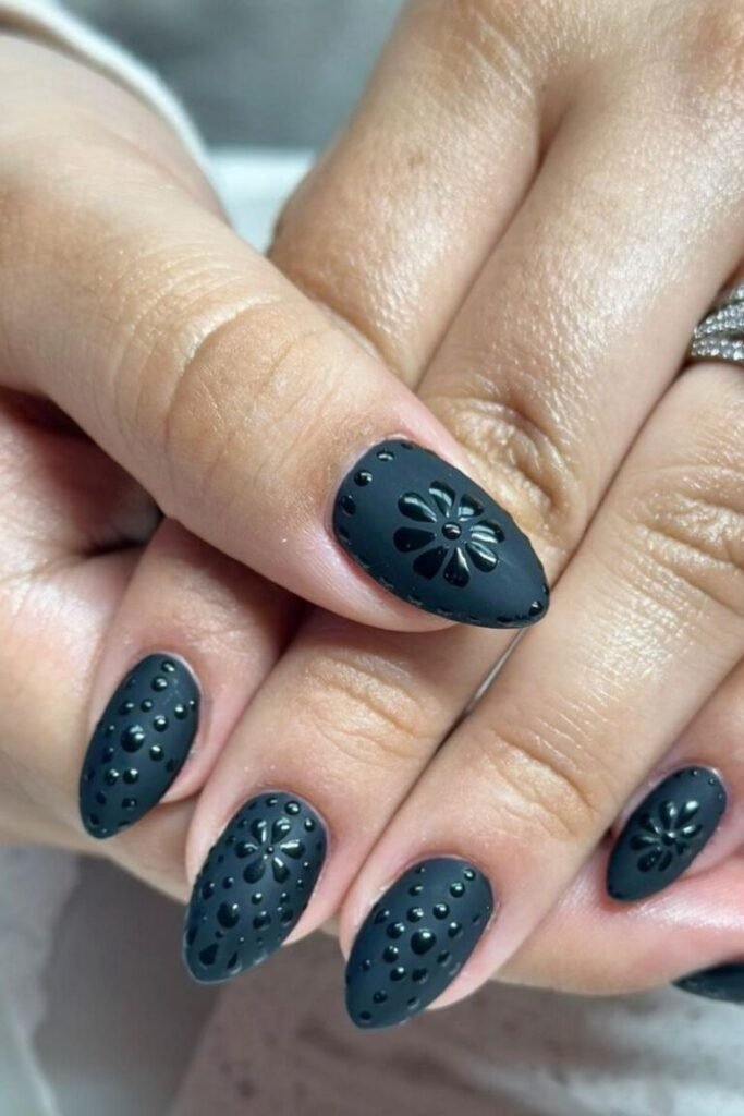 Textured Matte Black Floral Nails
