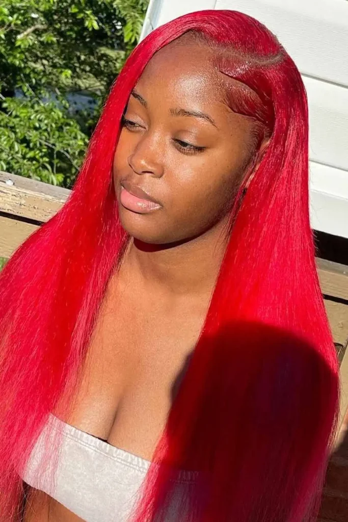 Vibrant Red Weave Hairstyle With Classic Side Part