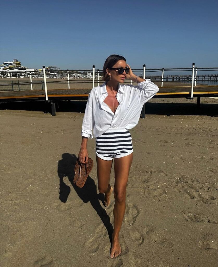 White Button Down Shirt Striped Shorts