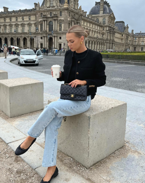 black Tweed Jacket and Light Blue Jeans