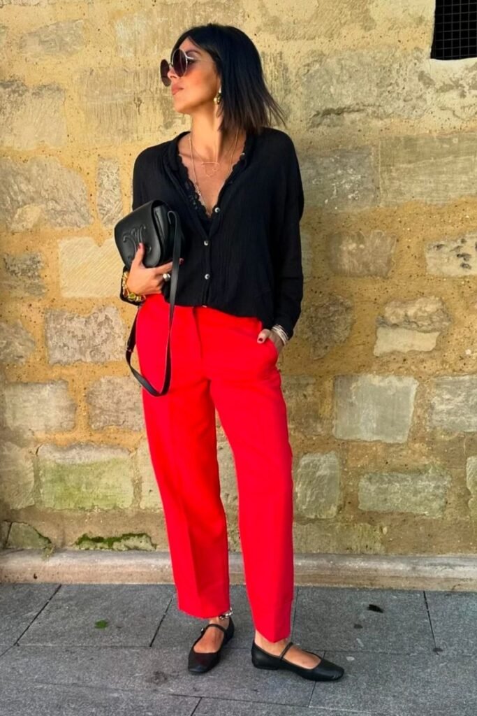 black blouse with red pants