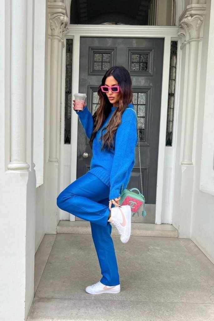 blue pants paired with a matching blue sweater