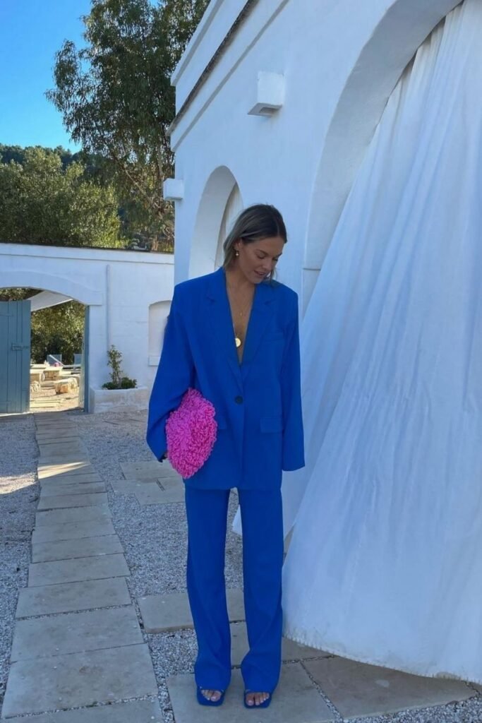 blue pantsuit featuring a long blazer