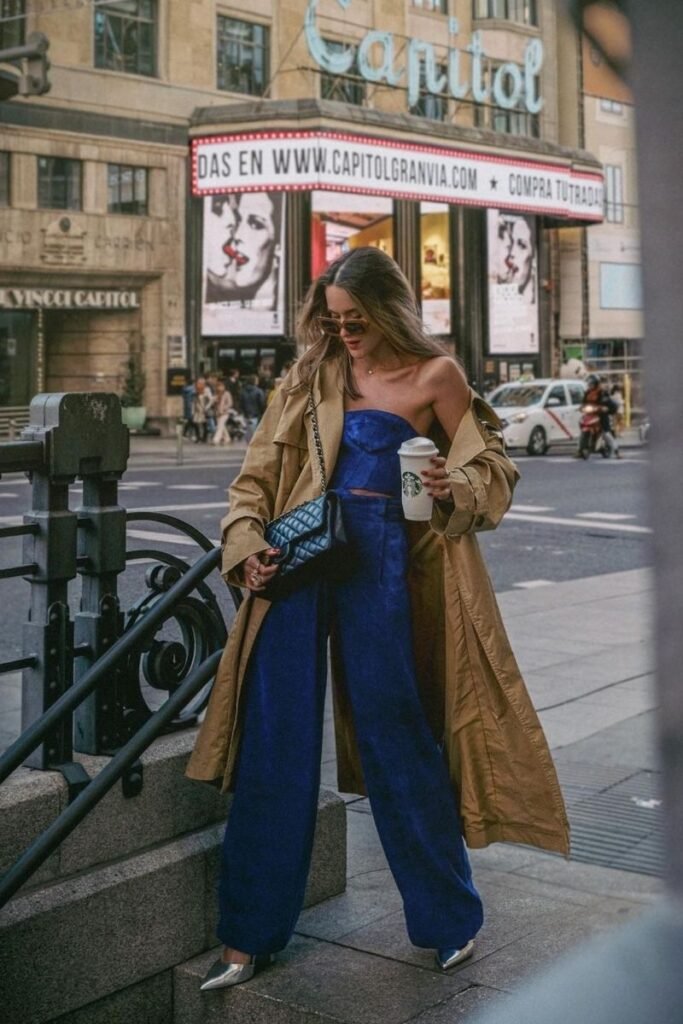 dark blue pants paired with a strapless top