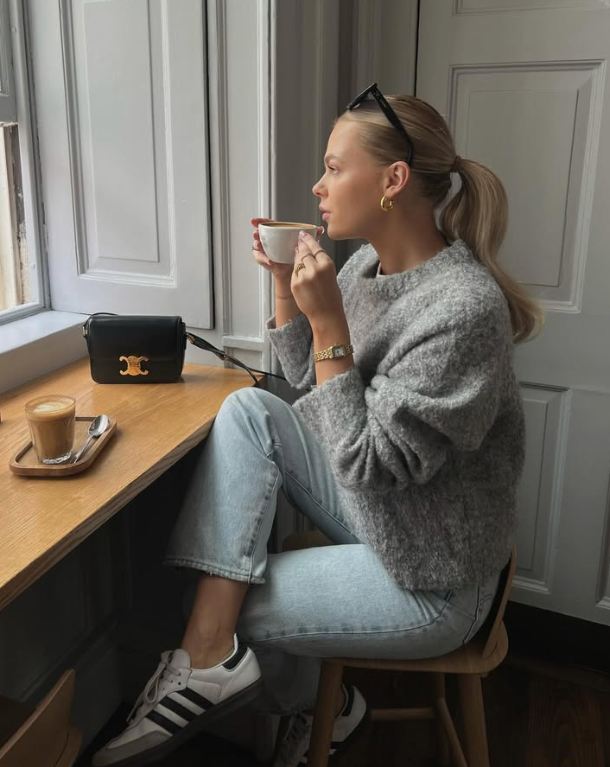grey sweater and jeans