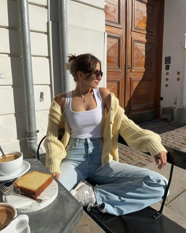 lemon yellow sweater and jeans