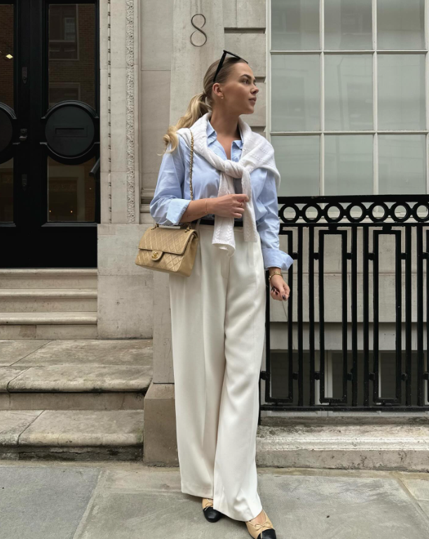 light blue shirt and cream pants 1