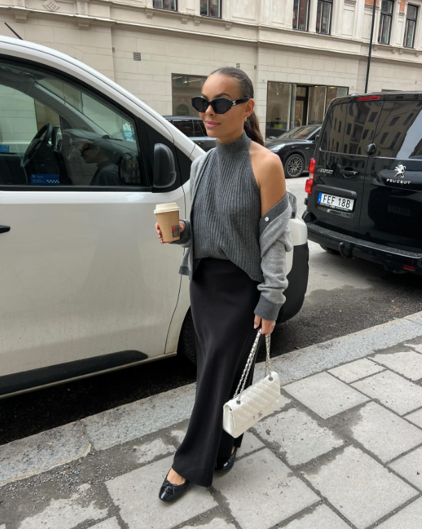 light grey sweater with long skirt