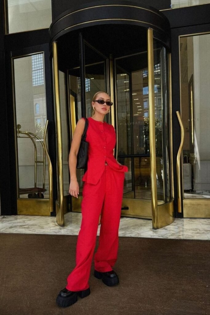 monochrome red ensemble with a sleeveless top and matching pants