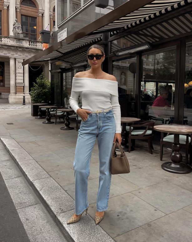 offshoulder white top and light blue jeans