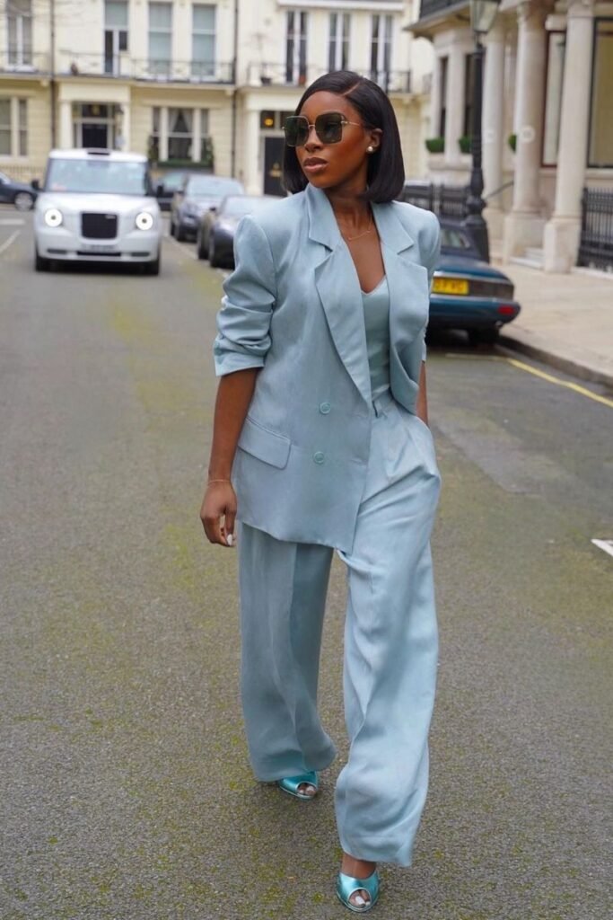 pastel blue pantsuit with sleek blazer and wide legged pants
