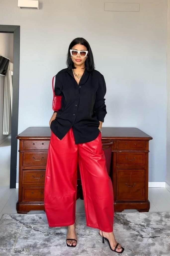 red leather pants with a black button down shirt