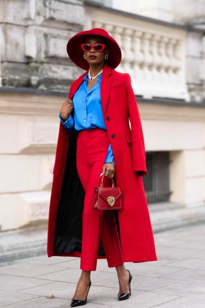 red pants with a bright blue blouse and a matching red coat