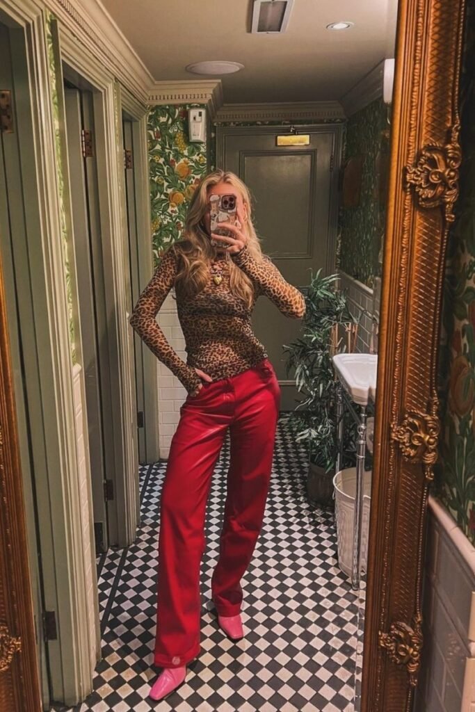 red pants with a leopard print top