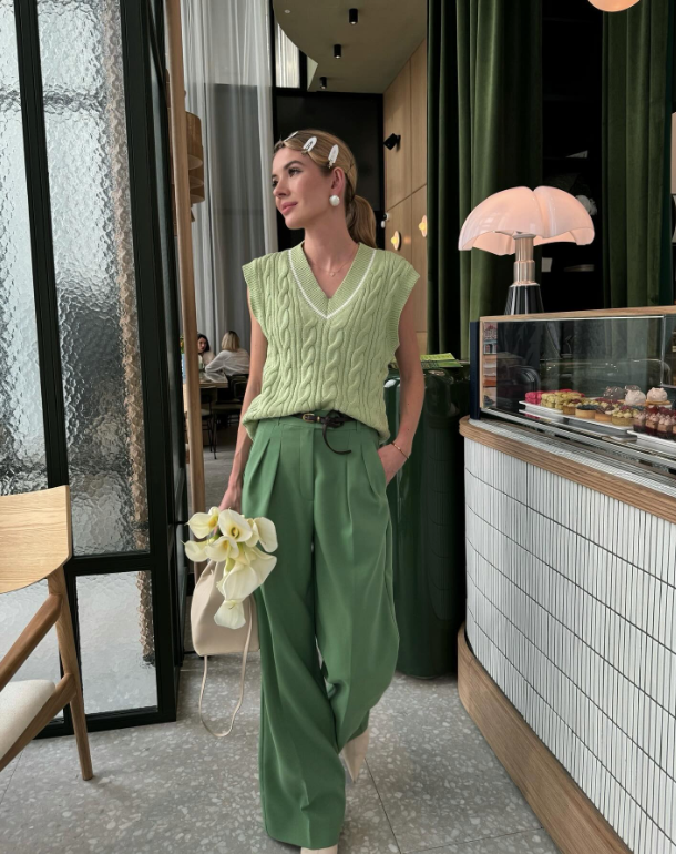 sleeveless sweater and matching green pants