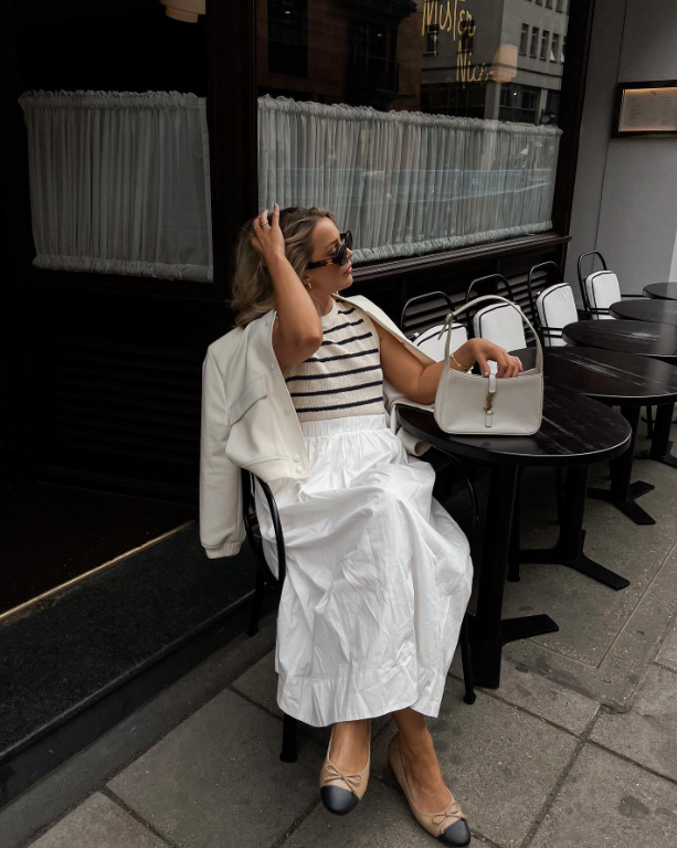 striped top and white maxi skirt